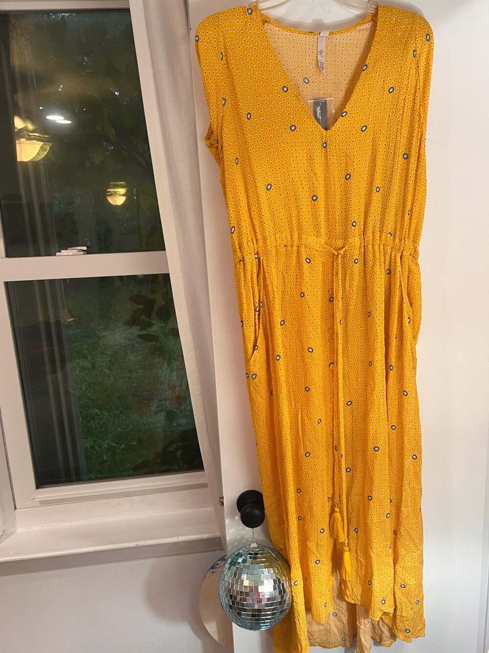 Melissa McCarthy Seven7 Yellow Printed V-Neck Maxi Dress with Tassels Size L